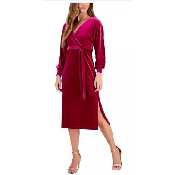 Taylor DRESS WOMEN 10 PINK Velvet Tie-Waist A-Line LONG SLEEVE NEW W/TAGS - Picture 1 of 3